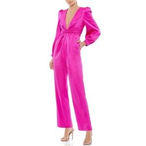 leena for Mac Duggal Satin Front Twist Puff Sleeve Deep V-Neck Jumpsuit -Reemoly